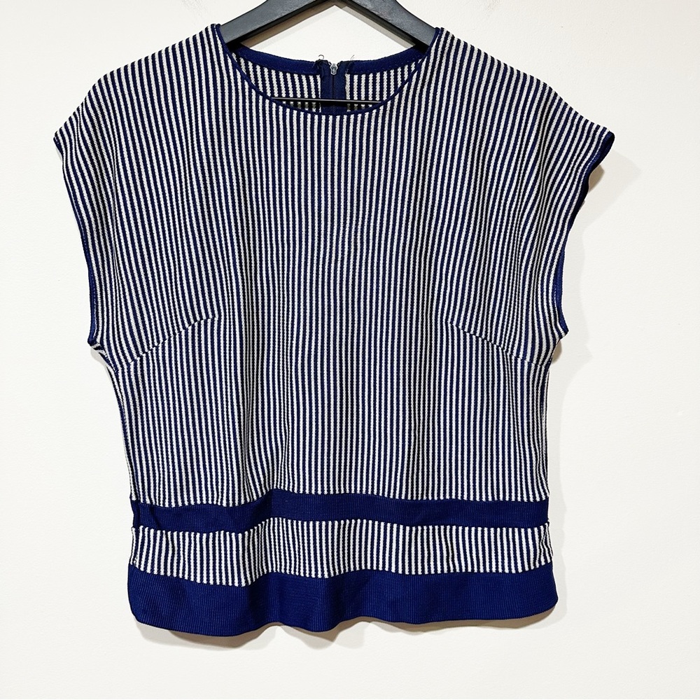 Vintage 70s Nautical Top Size Medium Blue White Stripe Striped Cap Sleeve